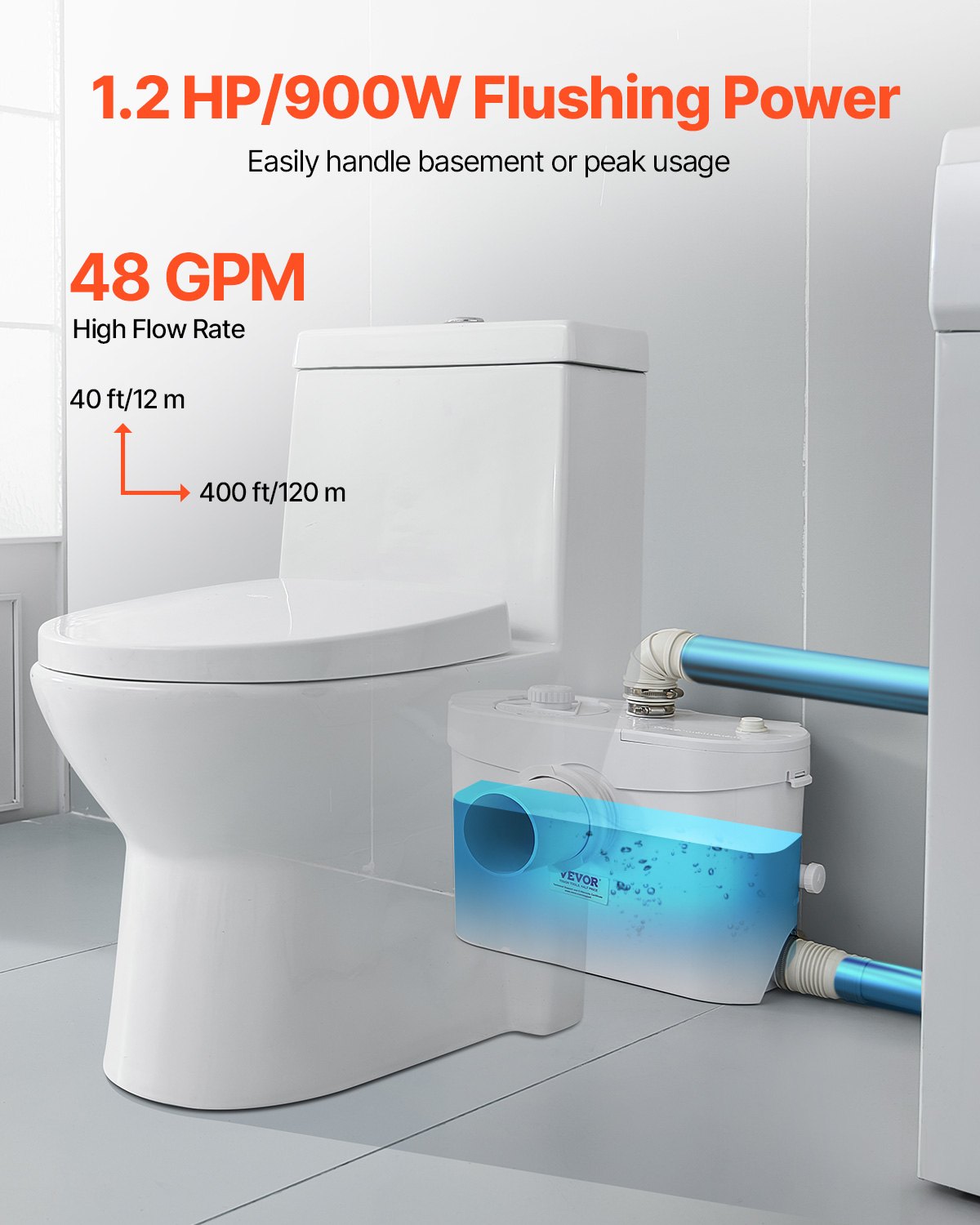 Fäkalienhebeanlage, 900 W, 180 l/min (48 GPM) Fördermenge, 12 m Förderhöhe, Fäkalienhebeanlage mit 4 Wasserzuläufen, Abwasserentsorgungs-Spülmaschine für Toilette, Keller, Dusche, Waschbecken, Waschküche, Badewanne