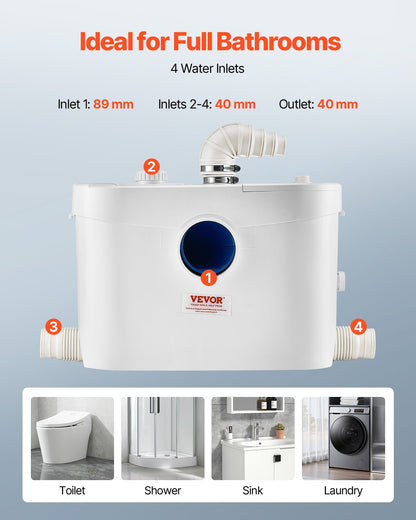 Fäkalienhebeanlage, 900 W, 180 l/min (48 GPM) Fördermenge, 12 m Förderhöhe, Fäkalienhebeanlage mit 4 Wasserzuläufen, Abwasserentsorgungs-Spülmaschine für Toilette, Keller, Dusche, Waschbecken, Waschküche, Badewanne