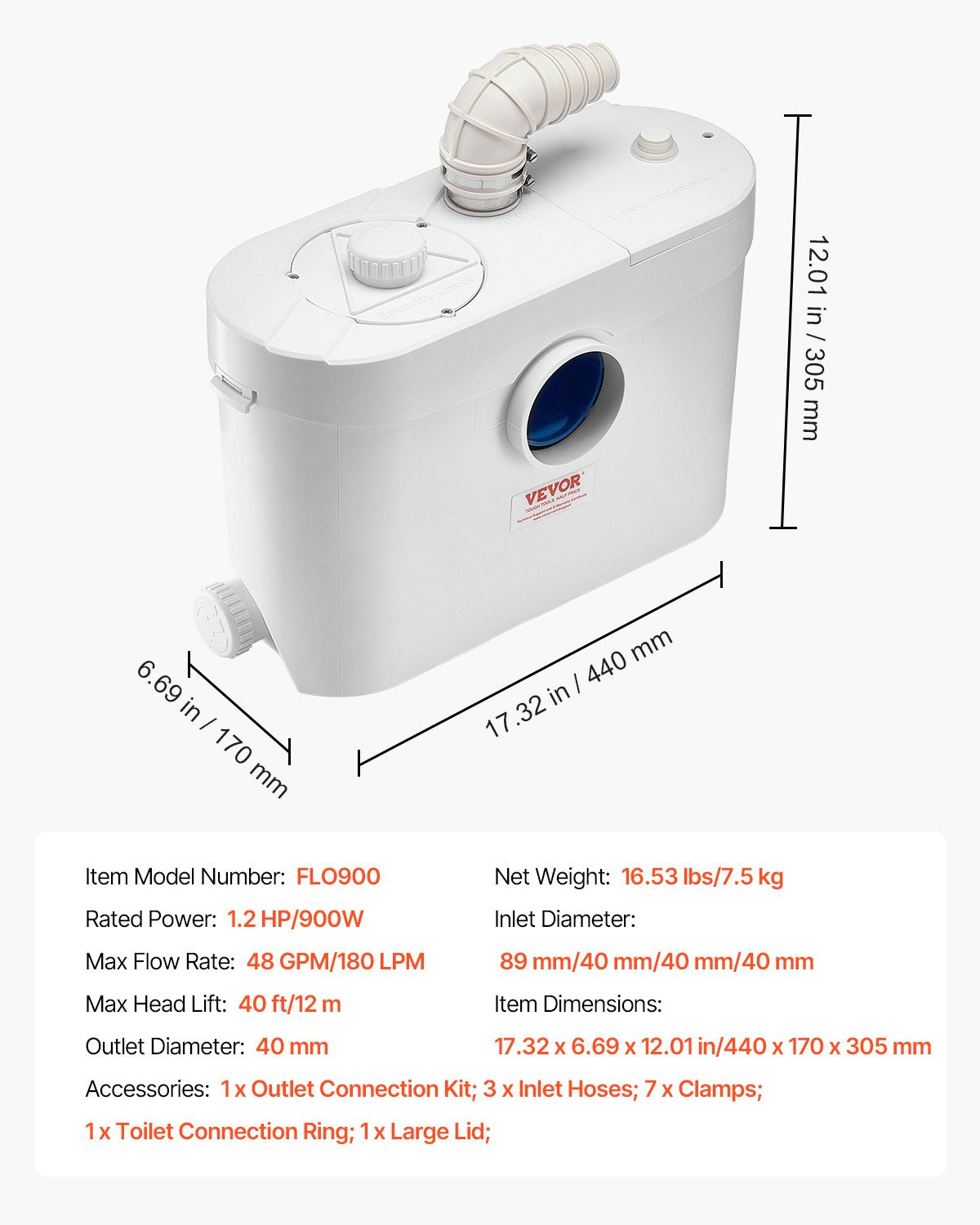 Fäkalienhebeanlage, 900 W, 180 l/min (48 GPM) Fördermenge, 12 m Förderhöhe, Fäkalienhebeanlage mit 4 Wasserzuläufen, Abwasserentsorgungs-Spülmaschine für Toilette, Keller, Dusche, Waschbecken, Waschküche, Badewanne