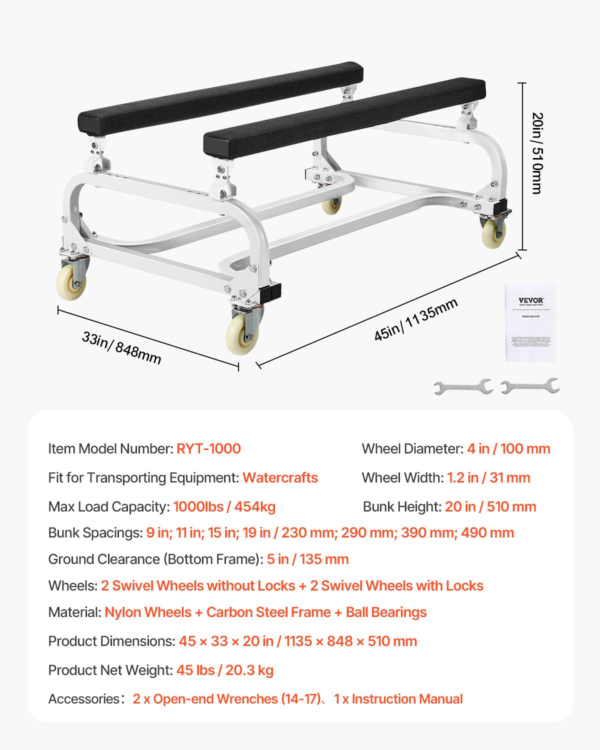 Wasserfahrzeug-Transportwagen, 1000 lbs Tragfähigkeit, Jet-Ski-Ständer/PWC-Wagen zum Transport von Wasserfahrzeugen, verstellbare Auflagen mit 4 Rollen und 2 Bremsen, robuster Jet-Ski-Wagen für Kajaks, Jet-Skis und Schnellboote