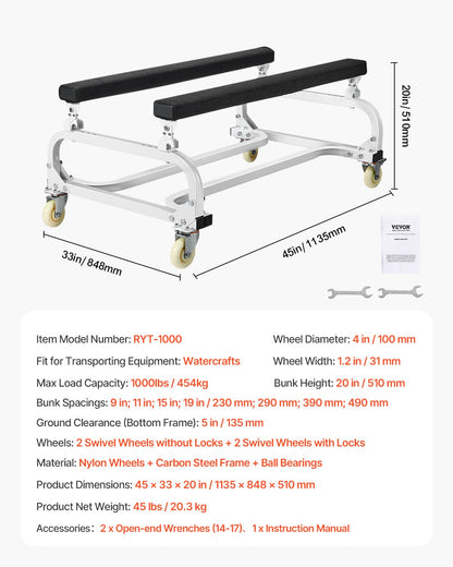 Wasserfahrzeug-Transportwagen, 1000 lbs Tragfähigkeit, Jet-Ski-Ständer/PWC-Wagen zum Transport von Wasserfahrzeugen, verstellbare Auflagen mit 4 Rollen und 2 Bremsen, robuster Jet-Ski-Wagen für Kajaks, Jet-Skis und Schnellboote