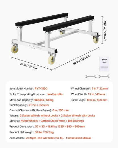 Watercraft PWC Dolly, 1800 lbs Load Capacity, Jet Ski Stand PWC Cart for Moving Watercraft, Fixed Bunk with 4 Casters & 2 Brakes, Heavy-Duty Jet Ski Cart for Kayaks, Hovercrafts, Speedboats