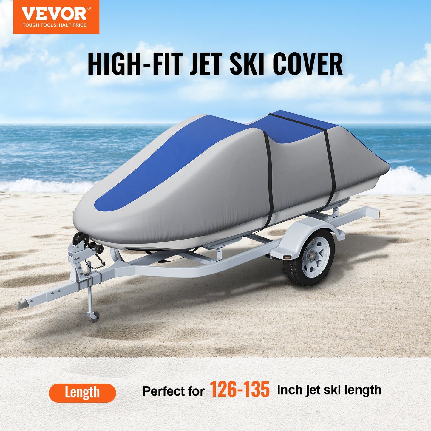 Jet Ski Cover, 3200-3420 mm Trailerable Waterproof PWC Cover, Heavy-duty 600D Marine Grade PU Oxford Fabric, UV Resistant Seadoo Cover with Buckle Straps, Personal Watercraft Covers, Grey+Blue