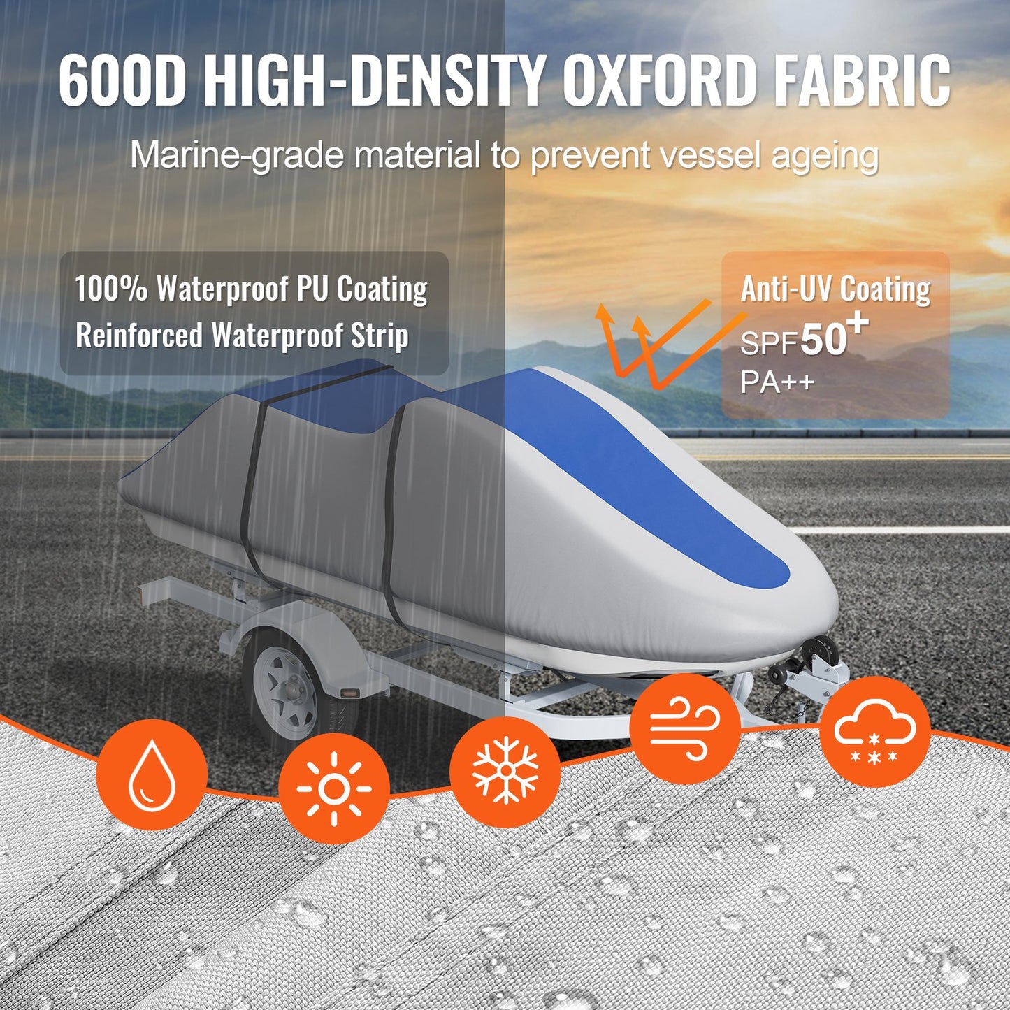 Jet Ski Cover, 3200-3420 mm Trailerable Waterproof PWC Cover, Heavy-duty 600D Marine Grade PU Oxford Fabric, UV Resistant Seadoo Cover with Buckle Straps, Personal Watercraft Covers, Grey+Blue