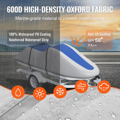 Jet Ski Cover, 3200-3420 mm Trailerable Waterproof PWC Cover, Heavy-duty 600D Marine Grade PU Oxford Fabric, UV Resistant Seadoo Cover with Buckle Straps, Personal Watercraft Covers, Grey+Blue