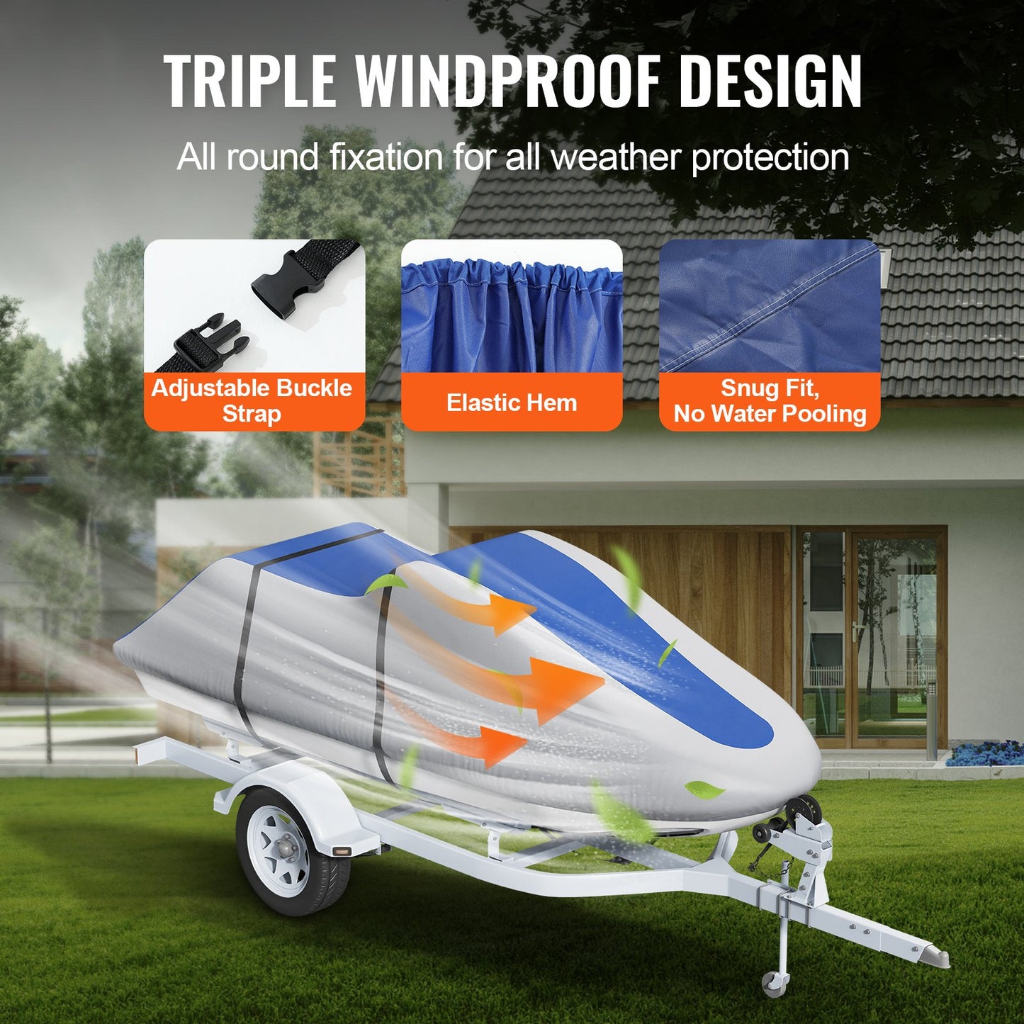 Jet Ski Cover, 3200-3420 mm Trailerable Waterproof PWC Cover, Heavy-duty 600D Marine Grade PU Oxford Fabric, UV Resistant Seadoo Cover with Buckle Straps, Personal Watercraft Covers, Grey+Blue