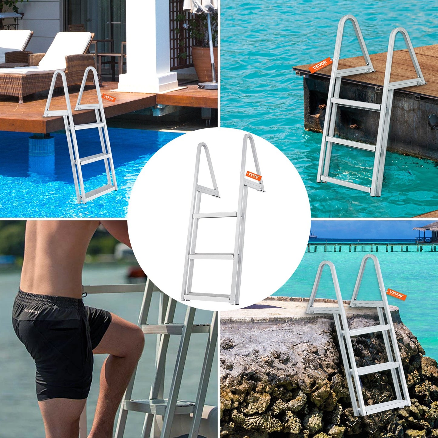 Stegleiter, abnehmbare 3 Stufen, Tragfähigkeit 159 kg, Pontonbootleiter aus Aluminiumlegierung mit 10 cm breiter Stufe und rutschfestem Pedal, einfache Montage für den Einstieg von Schiffen/Seen/Pools/Marinebooten