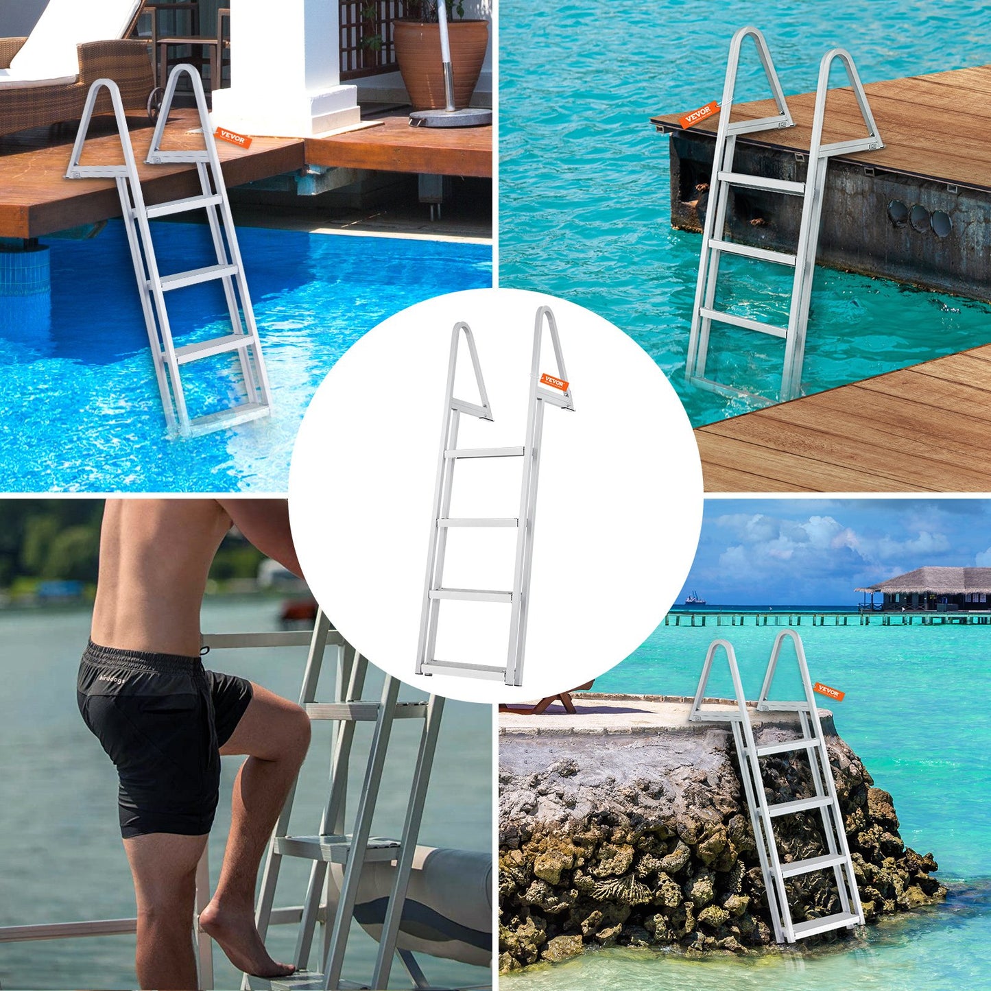 Stegleiter, abnehmbare 4 Stufen, Tragfähigkeit 159 kg, Pontonbootleiter aus Aluminiumlegierung mit 10 cm breiten Stufen und rutschfestem Pedal, einfache Montage für den Einstieg von Schiffen/Seen/Pools/Marinebooten