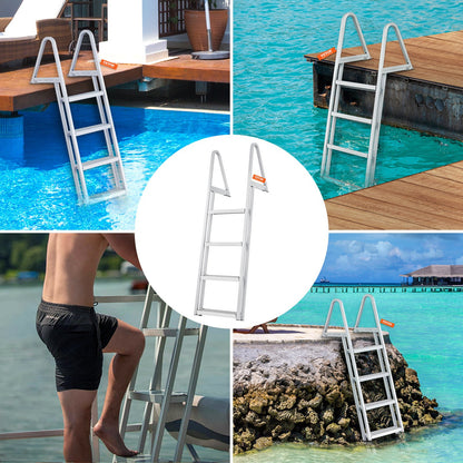 Stegleiter, abnehmbare 4 Stufen, Tragfähigkeit 159 kg, Pontonbootleiter aus Aluminiumlegierung mit 10 cm breiten Stufen und rutschfestem Pedal, einfache Montage für den Einstieg von Schiffen/Seen/Pools/Marinebooten