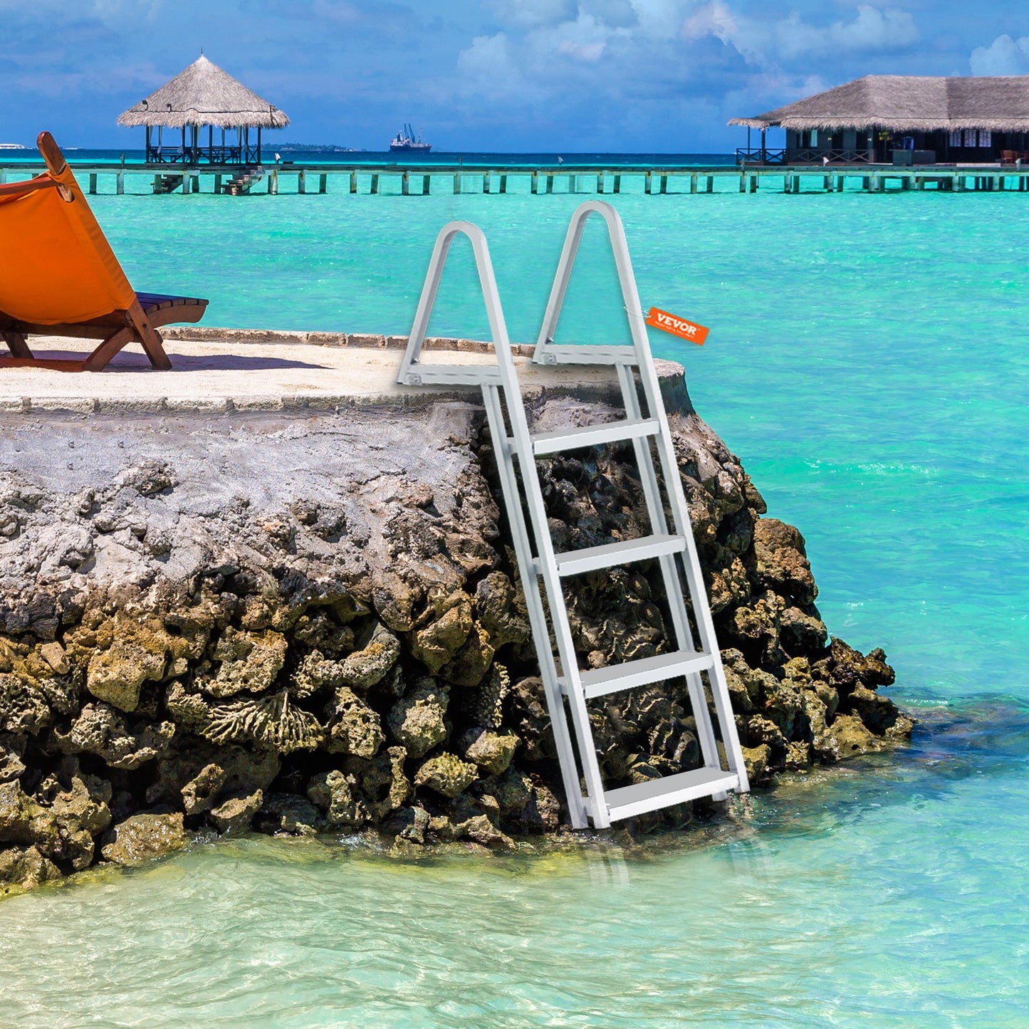 Stegleiter, abnehmbare 4 Stufen, Tragfähigkeit 159 kg, Pontonbootleiter aus Aluminiumlegierung mit 10 cm breiten Stufen und rutschfestem Pedal, einfache Montage für den Einstieg von Schiffen/Seen/Pools/Marinebooten