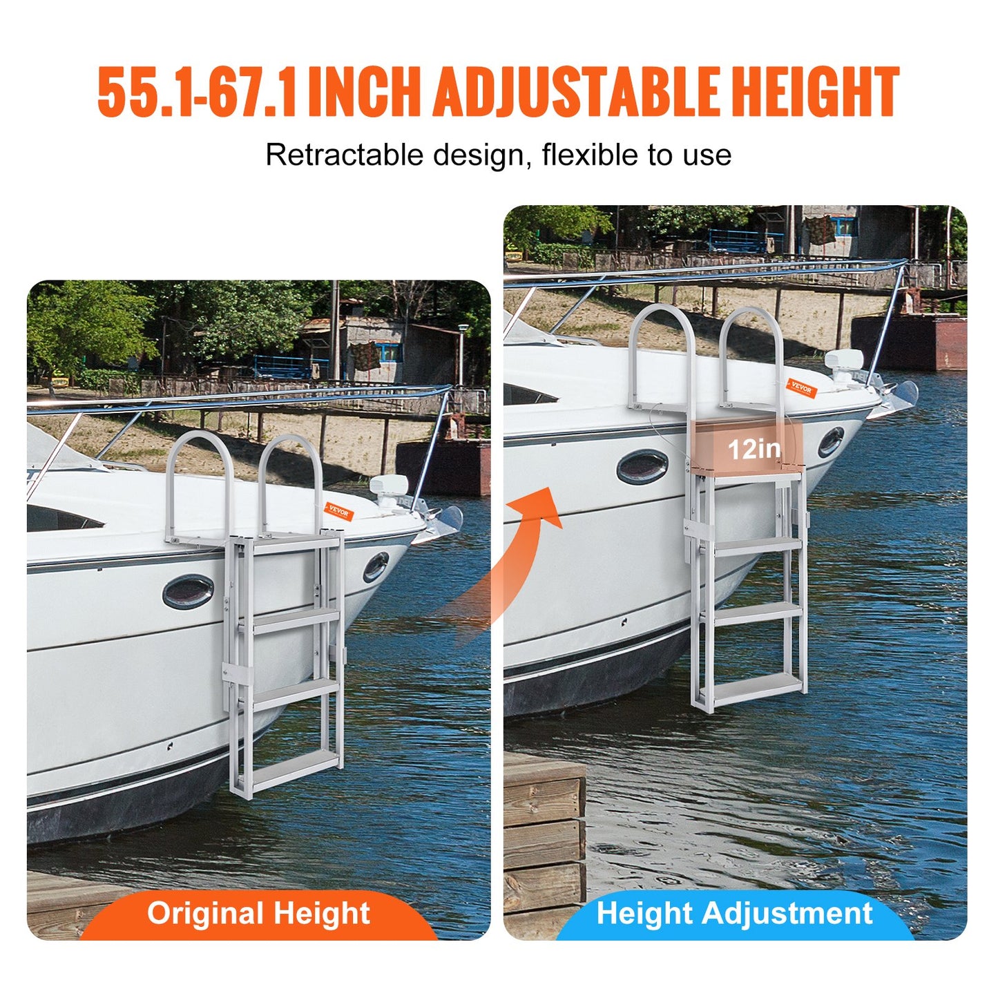 Dock Ladder, Retractable 4 Steps, 350 lbs Load Capacity, Aluminum Alloy Pontoon Boat Ladder with 55.1''-67.1'' Adjustable Height, 4'' Wide Step & Anti-Slip Design Pedal, for Ship/Lake/Pool/Marine Boarding