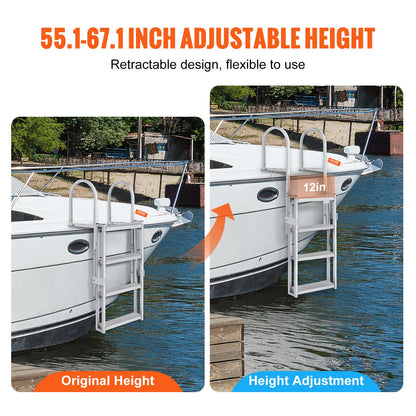 Dock Ladder, Retractable 4 Steps, 350 lbs Load Capacity, Aluminum Alloy Pontoon Boat Ladder with 55.1''-67.1'' Adjustable Height, 4'' Wide Step & Anti-Slip Design Pedal, for Ship/Lake/Pool/Marine Boarding