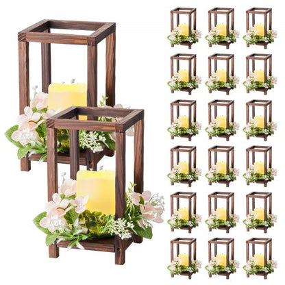 20 Set/60 Pcs Wooden Wedding Lantern Centerpiece, Includes 20 Wooden Lantern Candle Holder 20 Flameless LED Candle 20 Champagne Flower Wreath for Wedding Table Party Farmhouse Decor, Brown