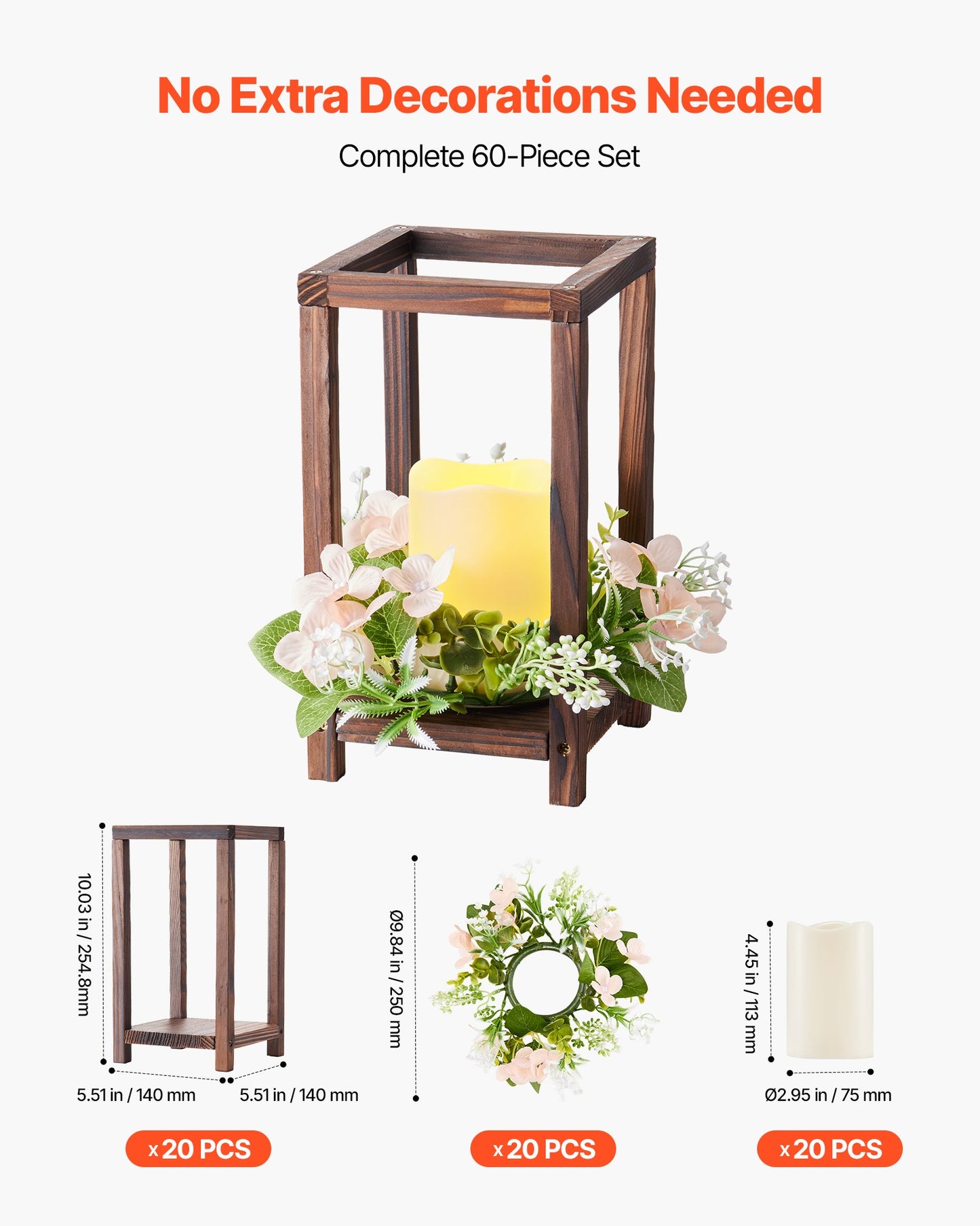 20 Set/60 Pcs Wooden Wedding Lantern Centerpiece, Includes 20 Wooden Lantern Candle Holder 20 Flameless LED Candle 20 Champagne Flower Wreath for Wedding Table Party Farmhouse Decor, Brown