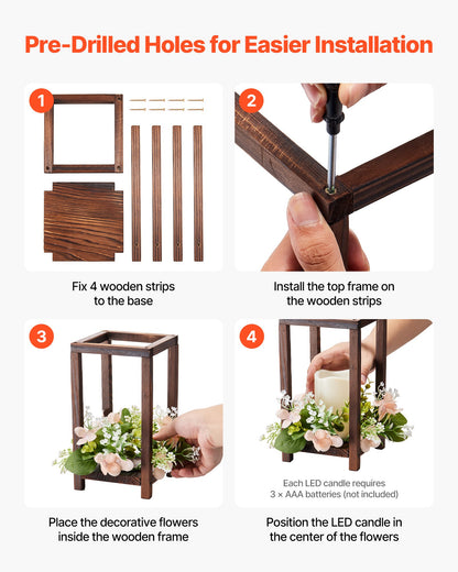 20 Set/60 Pcs Wooden Wedding Lantern Centerpiece, Includes 20 Wooden Lantern Candle Holder 20 Flameless LED Candle 20 Champagne Flower Wreath for Wedding Table Party Farmhouse Decor, Brown