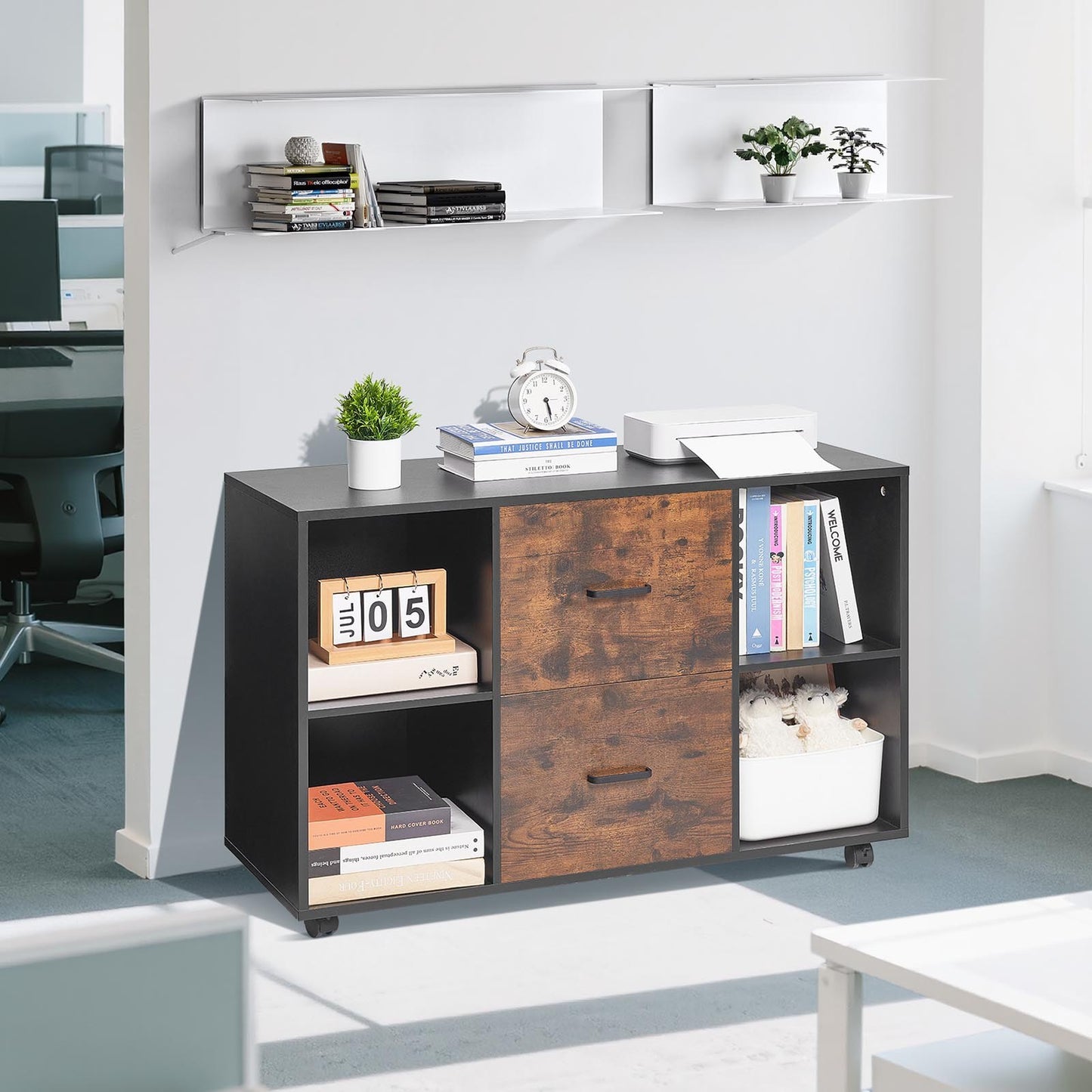 2 Drawer Wooden File Cabinet, Mobile Filing Cabinet with Open Shelves, Lateral Rolling File Storage with Lockable Wheels, Modern Free Standing Printer Stand for Home, Office, School, Black