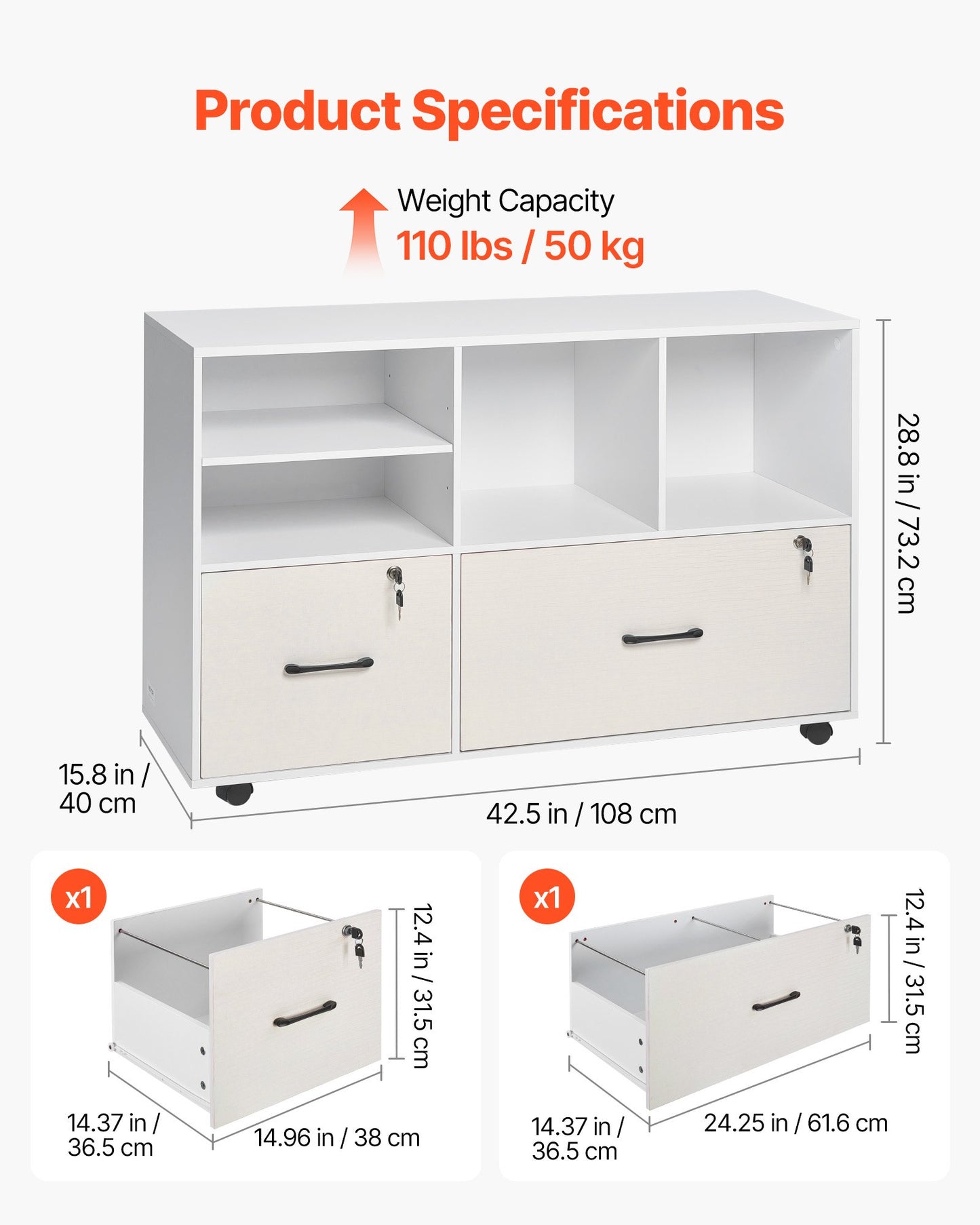 Aktenschrank aus Holz mit 2 Schubladen, mobiler Aktenschrank mit offenen Fächern, abschließbarer, seitlicher Rollcontainer mit verstellbaren Einlegeböden, freistehender Druckerständer für Homeoffice und Schule, Weiß