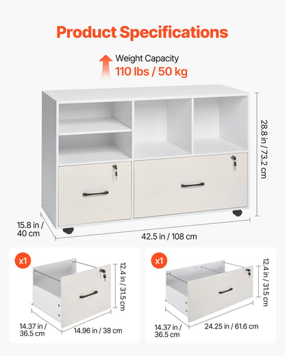 Aktenschrank aus Holz mit 2 Schubladen, mobiler Aktenschrank mit offenen Fächern, abschließbarer, seitlicher Rollcontainer mit verstellbaren Einlegeböden, freistehender Druckerständer für Homeoffice und Schule, Weiß