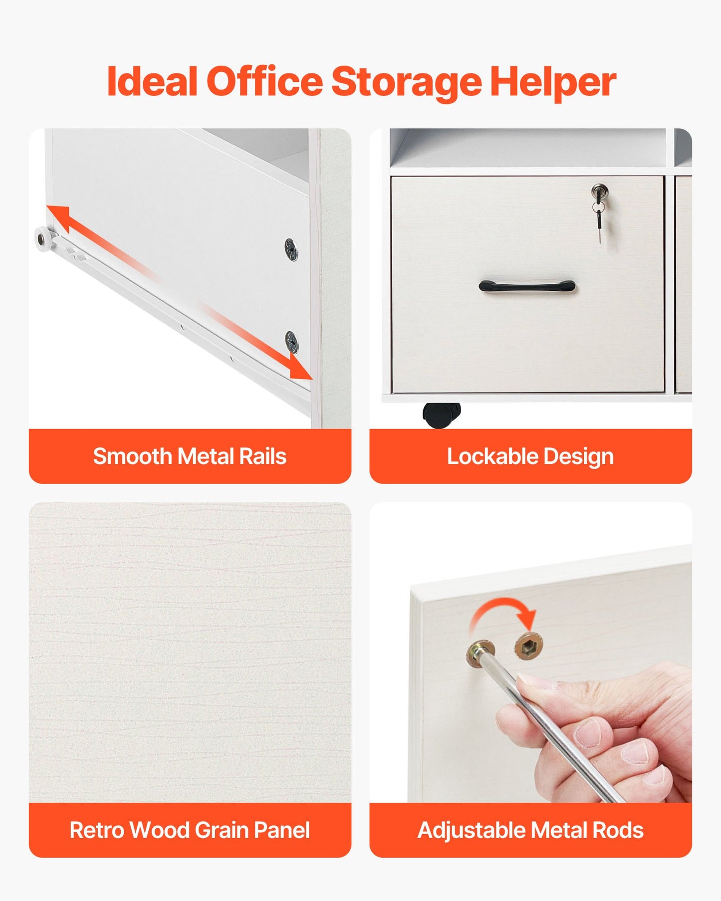 Aktenschrank aus Holz mit 2 Schubladen, mobiler Aktenschrank mit offenen Fächern, abschließbarer, seitlicher Rollcontainer mit verstellbaren Einlegeböden, freistehender Druckerständer für Homeoffice und Schule, Weiß
