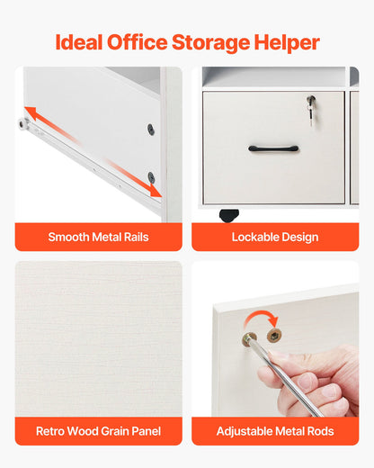 Aktenschrank aus Holz mit 2 Schubladen, mobiler Aktenschrank mit offenen Fächern, abschließbarer, seitlicher Rollcontainer mit verstellbaren Einlegeböden, freistehender Druckerständer für Homeoffice und Schule, Weiß