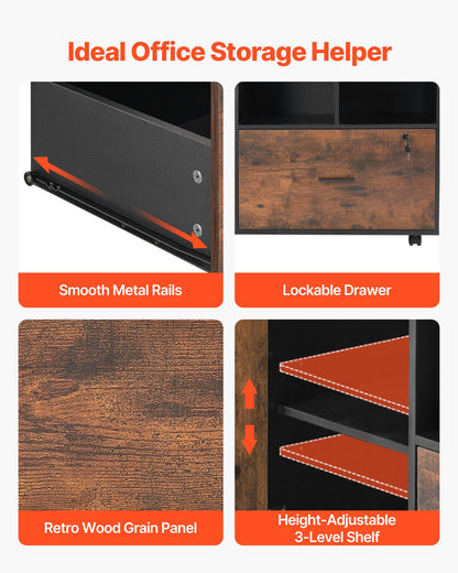 Wood File Cabinet, Mobile Filing Cabinet with Open Shelves, Lockable Lateral Rolling File Storage with Adjustable Shelves, Free Standing Printer Stand for Home, Office, School, Rustic Brown