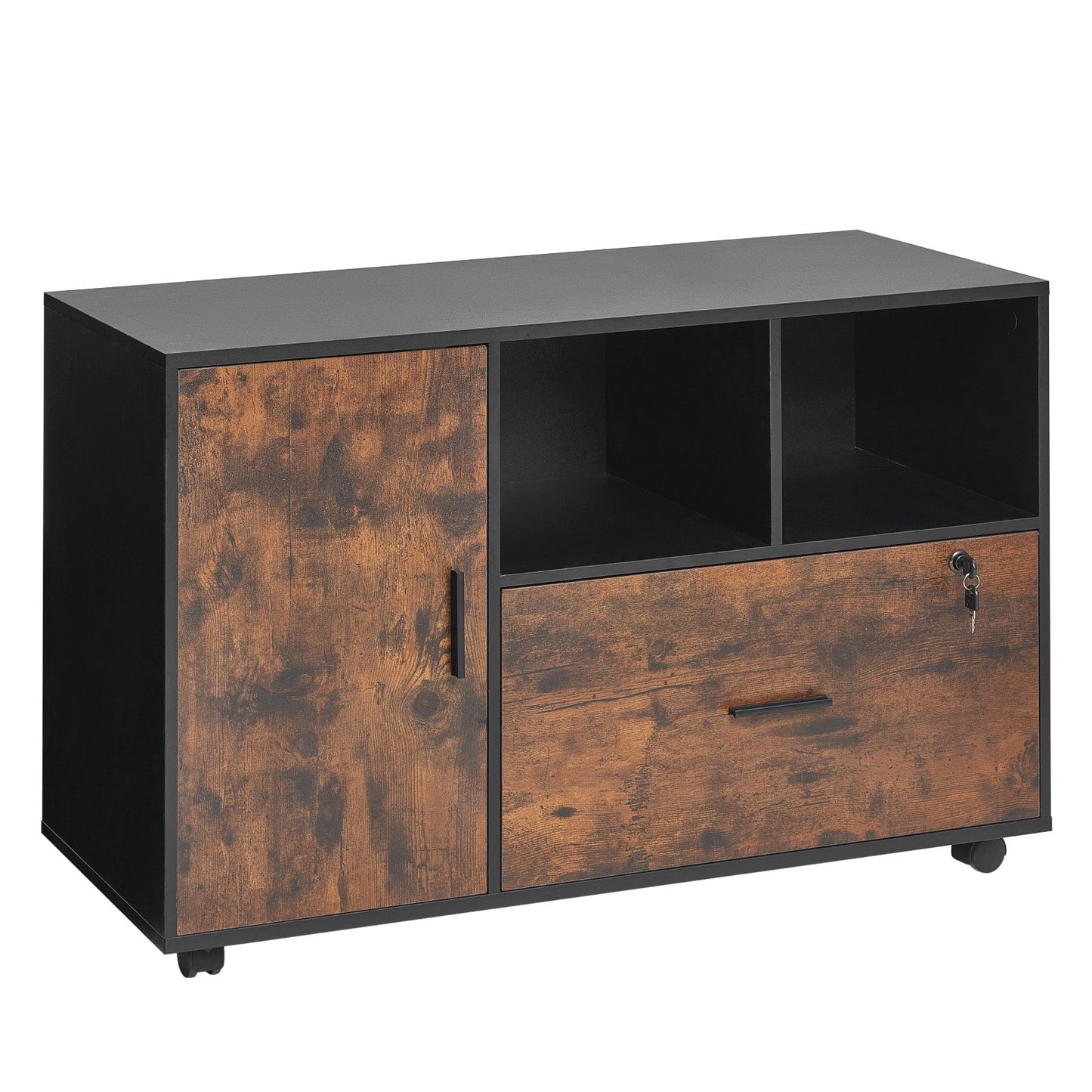 Wood File Cabinet, Mobile Filing Cabinet with Open Shelves, Lockable Lateral Rolling File Storage with Adjustable Shelves, Free Standing Printer Stand for Home, Office, School, Rustic Brown