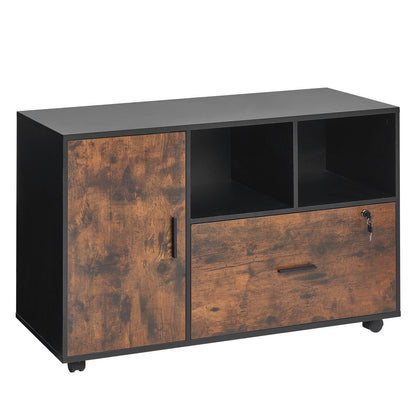 Wood File Cabinet, Mobile Filing Cabinet with Open Shelves, Lockable Lateral Rolling File Storage with Adjustable Shelves, Free Standing Printer Stand for Home, Office, School, Rustic Brown