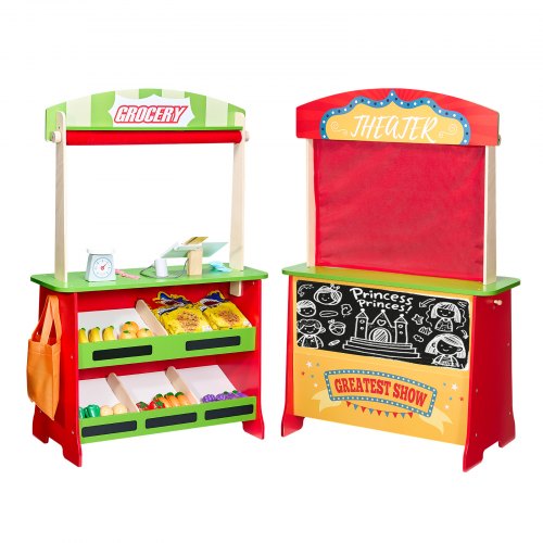 Puppentheater aus Holz mit Vorhängen, 2-in-1-Spielladen (wendbar), doppelseitiges Lebensmittelgeschäft-Spielset mit Tafel und Kasse, Spielmarktstand für Kinder, Geschenk für Jungen und Mädchen
