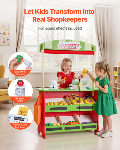 Puppentheater aus Holz mit Vorhängen, 2-in-1-Spielladen (wendbar), doppelseitiges Lebensmittelgeschäft-Spielset mit Tafel und Kasse, Spielmarktstand für Kinder, Geschenk für Jungen und Mädchen