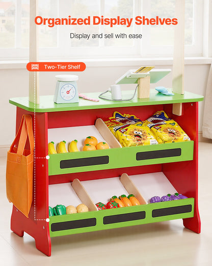 Puppentheater aus Holz mit Vorhängen, 2-in-1-Spielladen (wendbar), doppelseitiges Lebensmittelgeschäft-Spielset mit Tafel und Kasse, Spielmarktstand für Kinder, Geschenk für Jungen und Mädchen