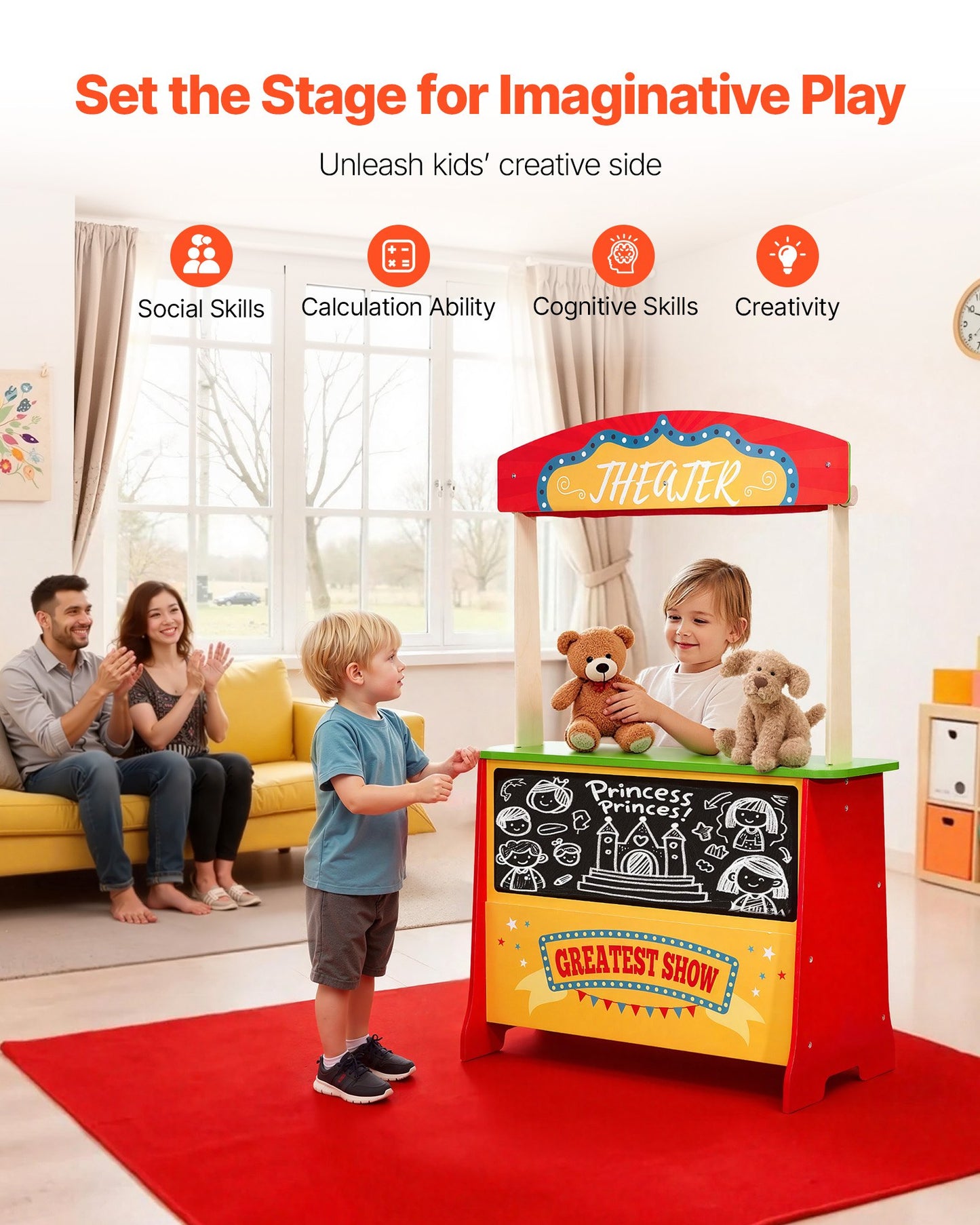 Puppentheater aus Holz mit Vorhängen, 2-in-1-Spielladen (wendbar), doppelseitiges Lebensmittelgeschäft-Spielset mit Tafel und Kasse, Spielmarktstand für Kinder, Geschenk für Jungen und Mädchen