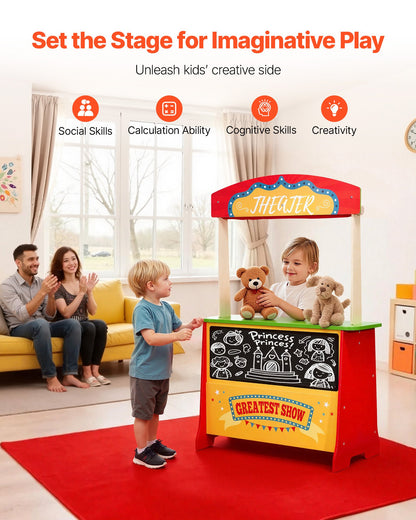 Puppentheater aus Holz mit Vorhängen, 2-in-1-Spielladen (wendbar), doppelseitiges Lebensmittelgeschäft-Spielset mit Tafel und Kasse, Spielmarktstand für Kinder, Geschenk für Jungen und Mädchen