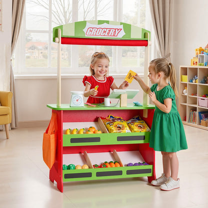 Puppentheater aus Holz mit Vorhängen, 2-in-1-Spielladen (wendbar), doppelseitiges Lebensmittelgeschäft-Spielset mit Tafel und Kasse, Spielmarktstand für Kinder, Geschenk für Jungen und Mädchen