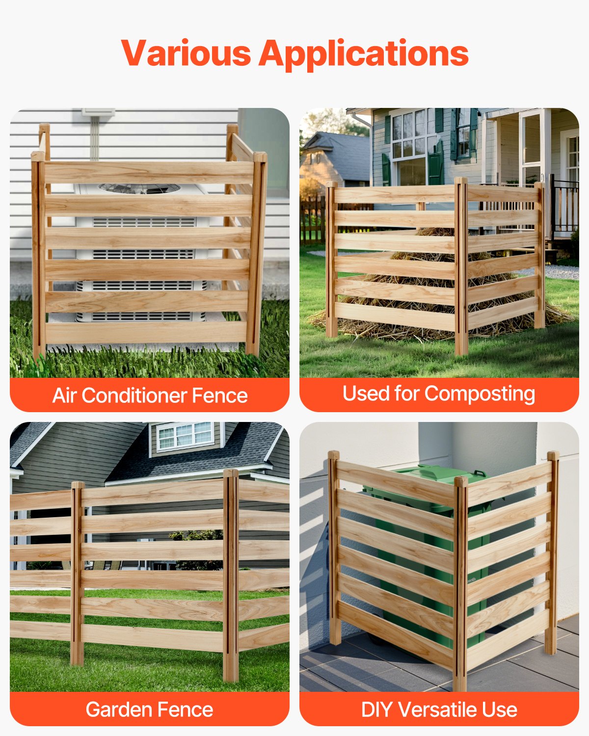 Wood Privacy Fence, 36" W x 36" L, 3 Panel Slatted Air Conditioner Fence Screen, Pool Equipment Enclosure with Metal Stakes, Easy DIY Installation, Outdoor Trash Can Hider for Garden Decoration
