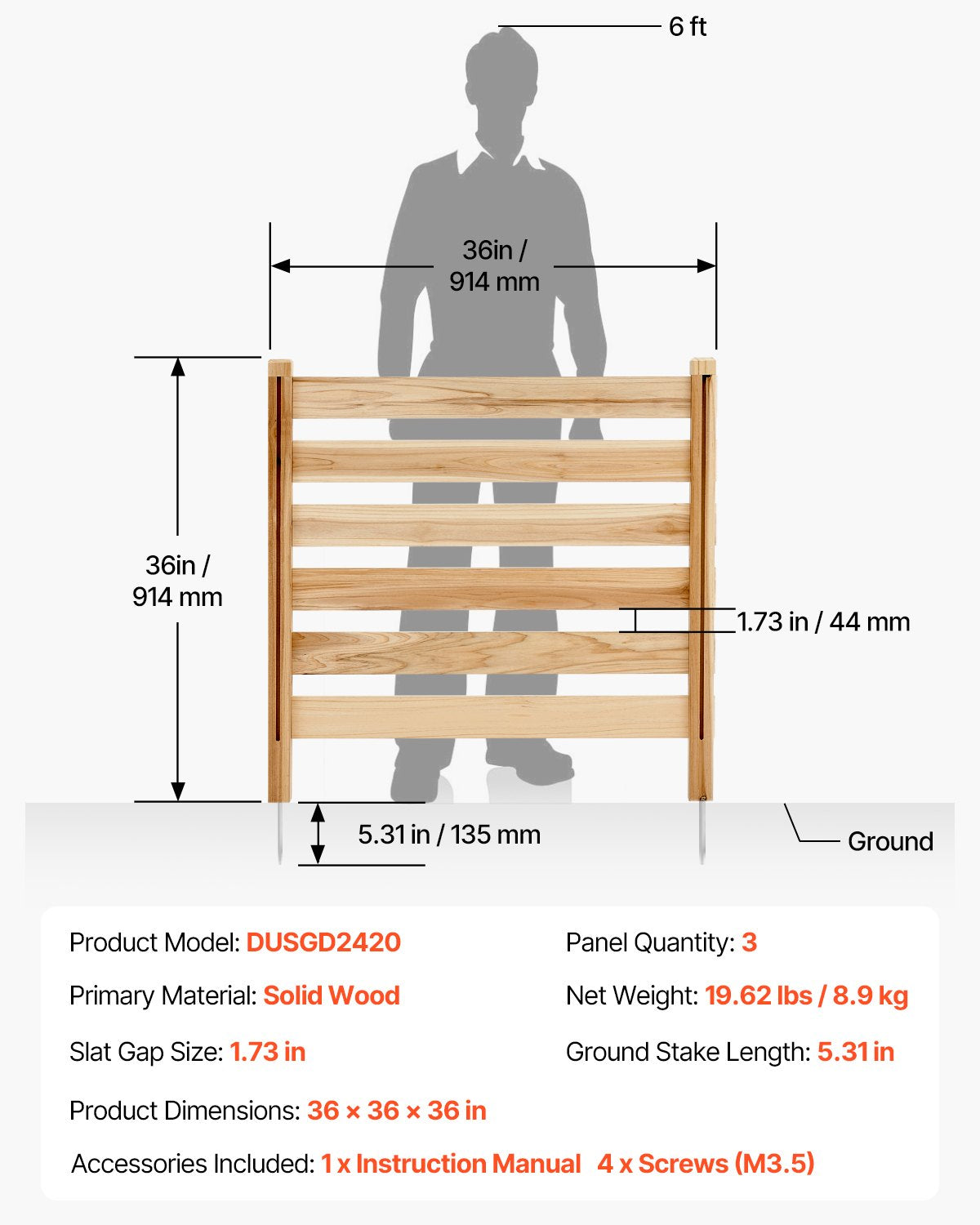 Wood Privacy Fence, 36" W x 36" L, 3 Panel Slatted Air Conditioner Fence Screen, Pool Equipment Enclosure with Metal Stakes, Easy DIY Installation, Outdoor Trash Can Hider for Garden Decoration