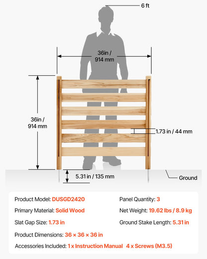 Wood Privacy Fence, 36" W x 36" L, 3 Panel Slatted Air Conditioner Fence Screen, Pool Equipment Enclosure with Metal Stakes, Easy DIY Installation, Outdoor Trash Can Hider for Garden Decoration