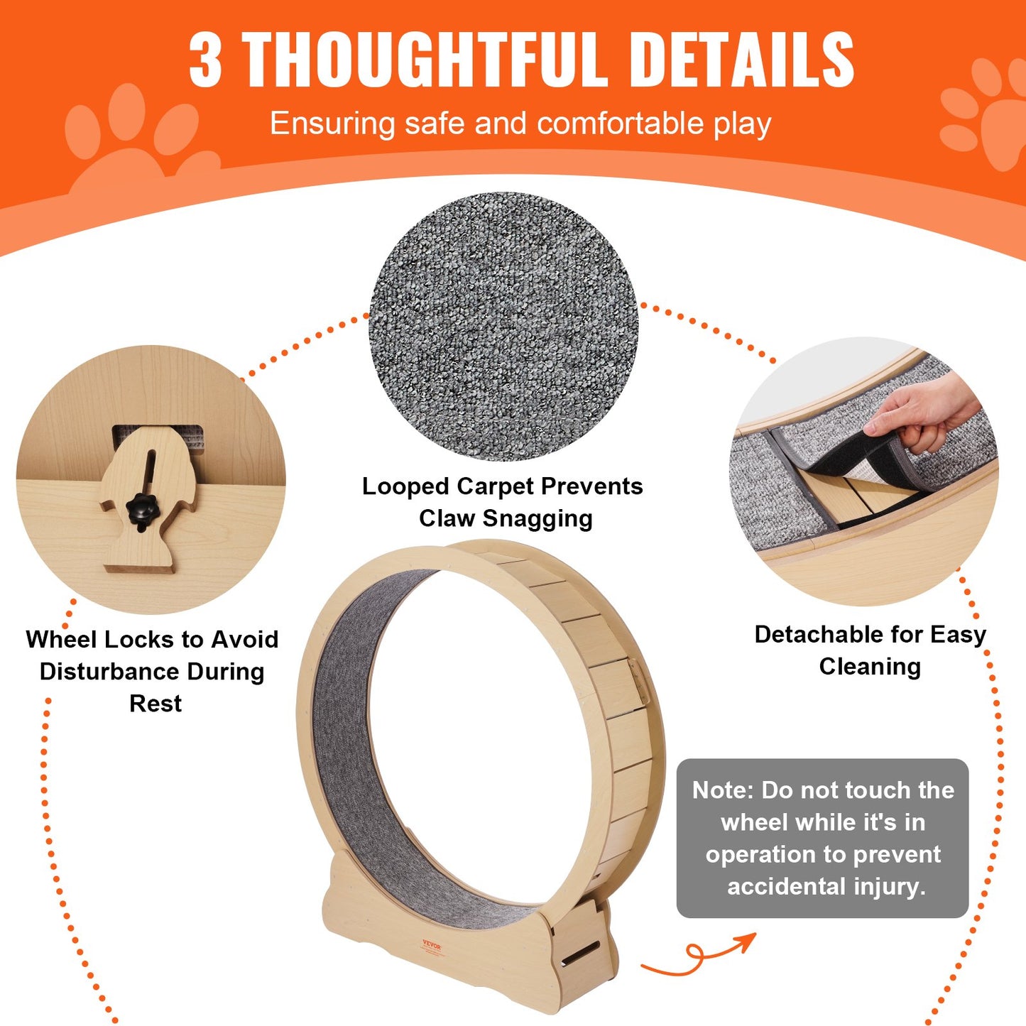 Laufrad aus Holz für Katzen, 132 cm großes Laufrad für Wohnungskatzen, Laufrad mit abnehmbarem Teppich und Spielzeug zum Laufen/Spazierengehen/Training, geeignet für die meisten Katzen
