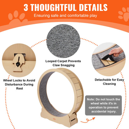 Laufrad aus Holz für Katzen, 132 cm großes Laufrad für Wohnungskatzen, Laufrad mit abnehmbarem Teppich und Spielzeug zum Laufen/Spazierengehen/Training, geeignet für die meisten Katzen