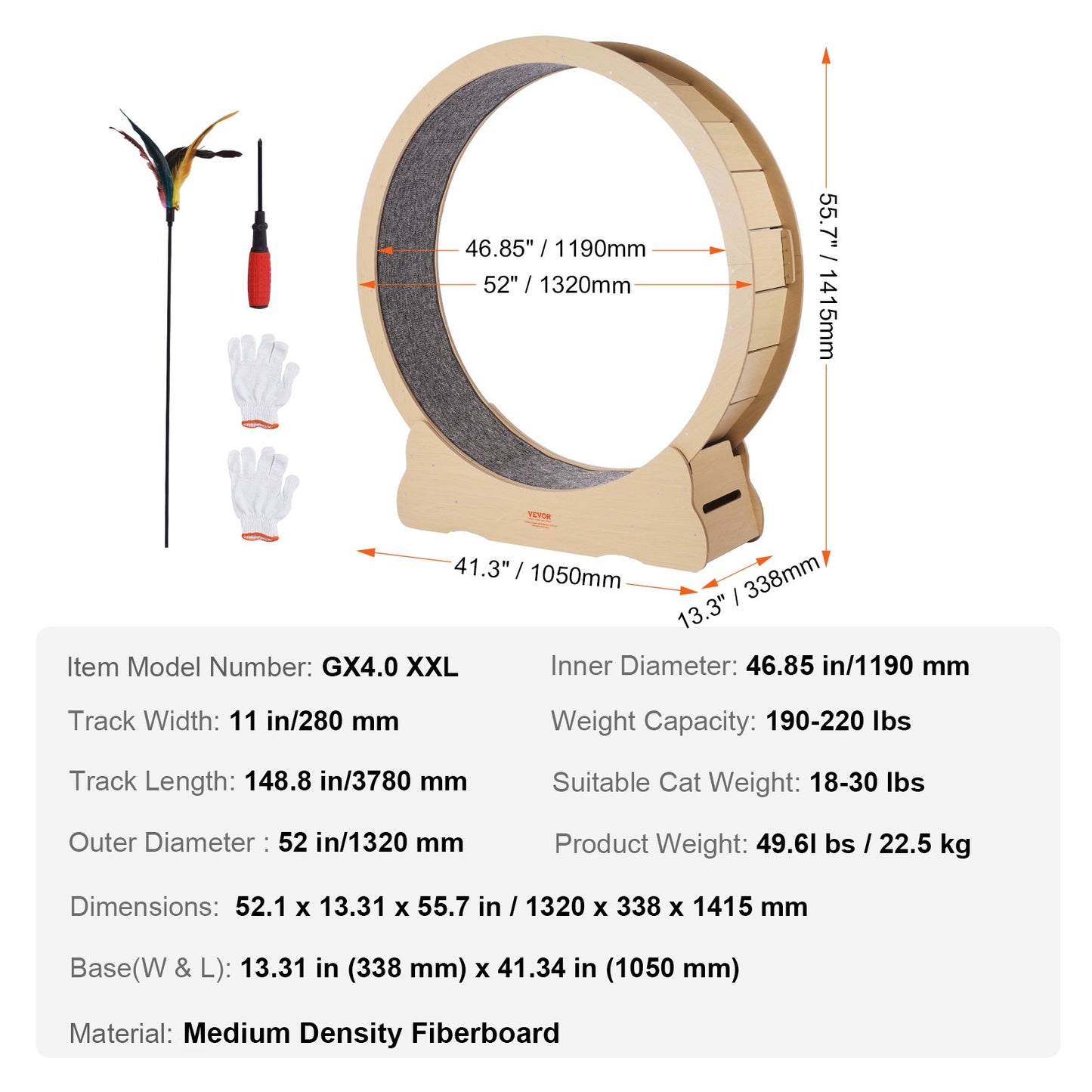 Laufrad aus Holz für Katzen, 132 cm großes Laufrad für Wohnungskatzen, Laufrad mit abnehmbarem Teppich und Spielzeug zum Laufen/Spazierengehen/Training, geeignet für die meisten Katzen