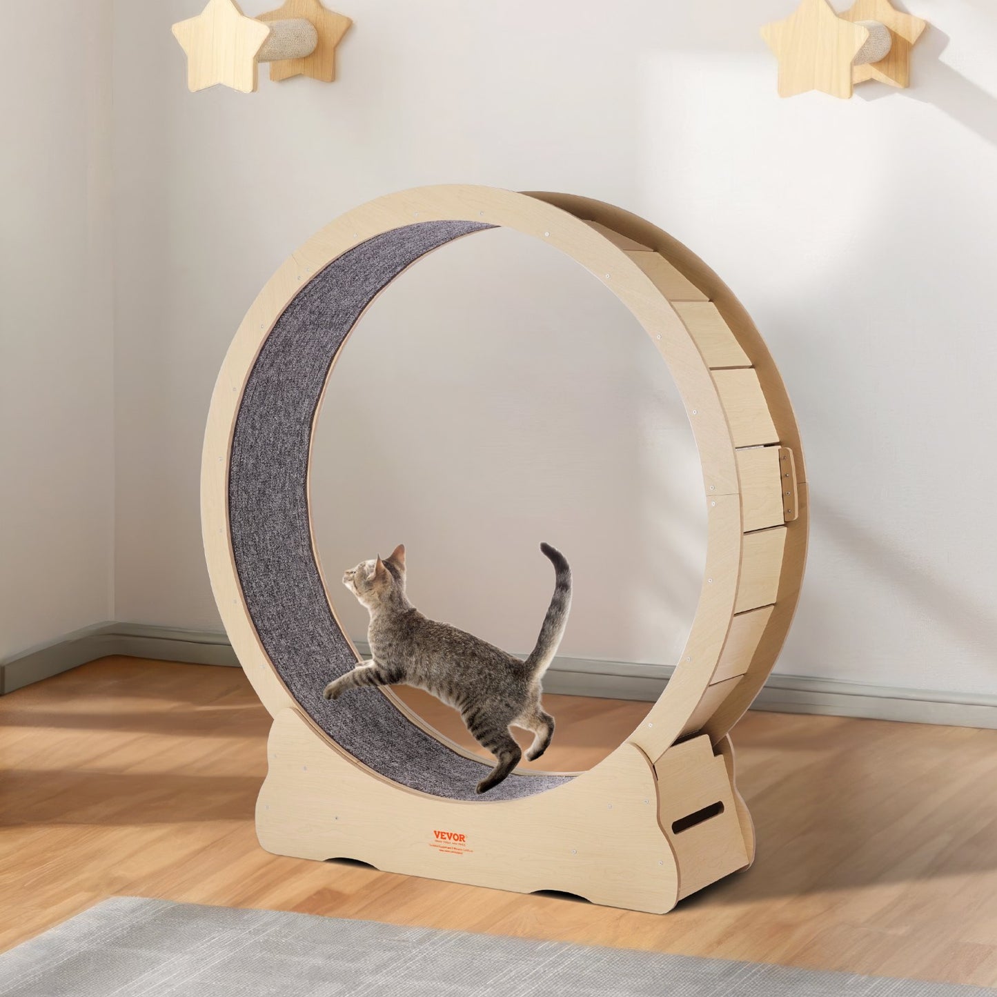 Laufrad aus Holz für Katzen, 132 cm großes Laufrad für Wohnungskatzen, Laufrad mit abnehmbarem Teppich und Spielzeug zum Laufen/Spazierengehen/Training, geeignet für die meisten Katzen