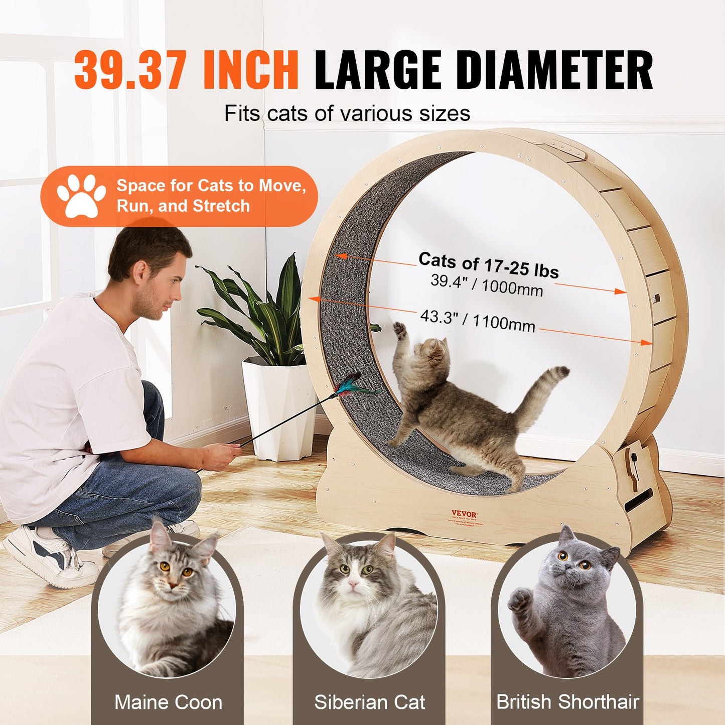 Laufrad aus Holz für Katzen, 110 cm (43,3 Zoll) großes Laufrad für Wohnungskatzen, mit abnehmbarem Teppich und Spielzeug zum Laufen, Spazierengehen und Trainieren, geeignet für die meisten Katzen, gelb