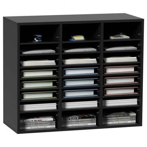 Wood Literature Organizer, 24 Compartments, File Sorter with Removable Shelves, Mailboxes Slot for Office Home Classroom Mailrooms Organization, EPA Certified, Black
