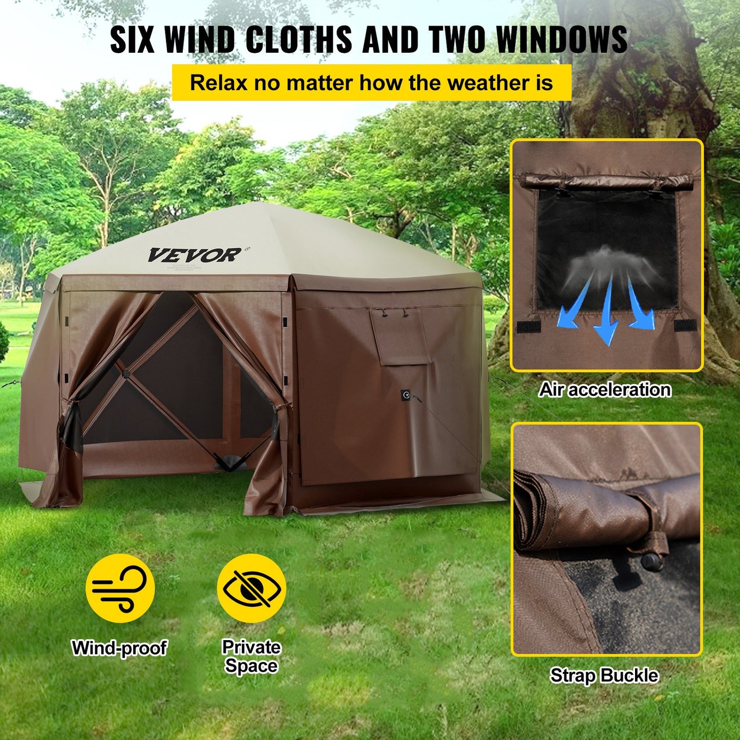 Gazebo Screen Tent, 12 x 12 ft, 6 Sided Pop-up Camping Canopy Shelter Tent with Mesh Windows, Portable Carry Bag, Ground Stakes, Large Shade Tents for Outdoor Camping, Lawn and Backyard