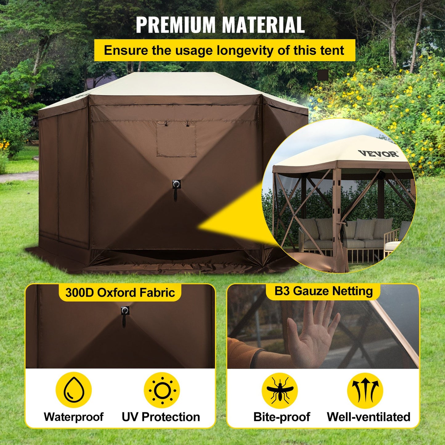 Gazebo Screen Tent, 12 x 12 ft, 6 Sided Pop-up Camping Canopy Shelter Tent with Mesh Windows, Portable Carry Bag, Ground Stakes, Large Shade Tents for Outdoor Camping, Lawn and Backyard