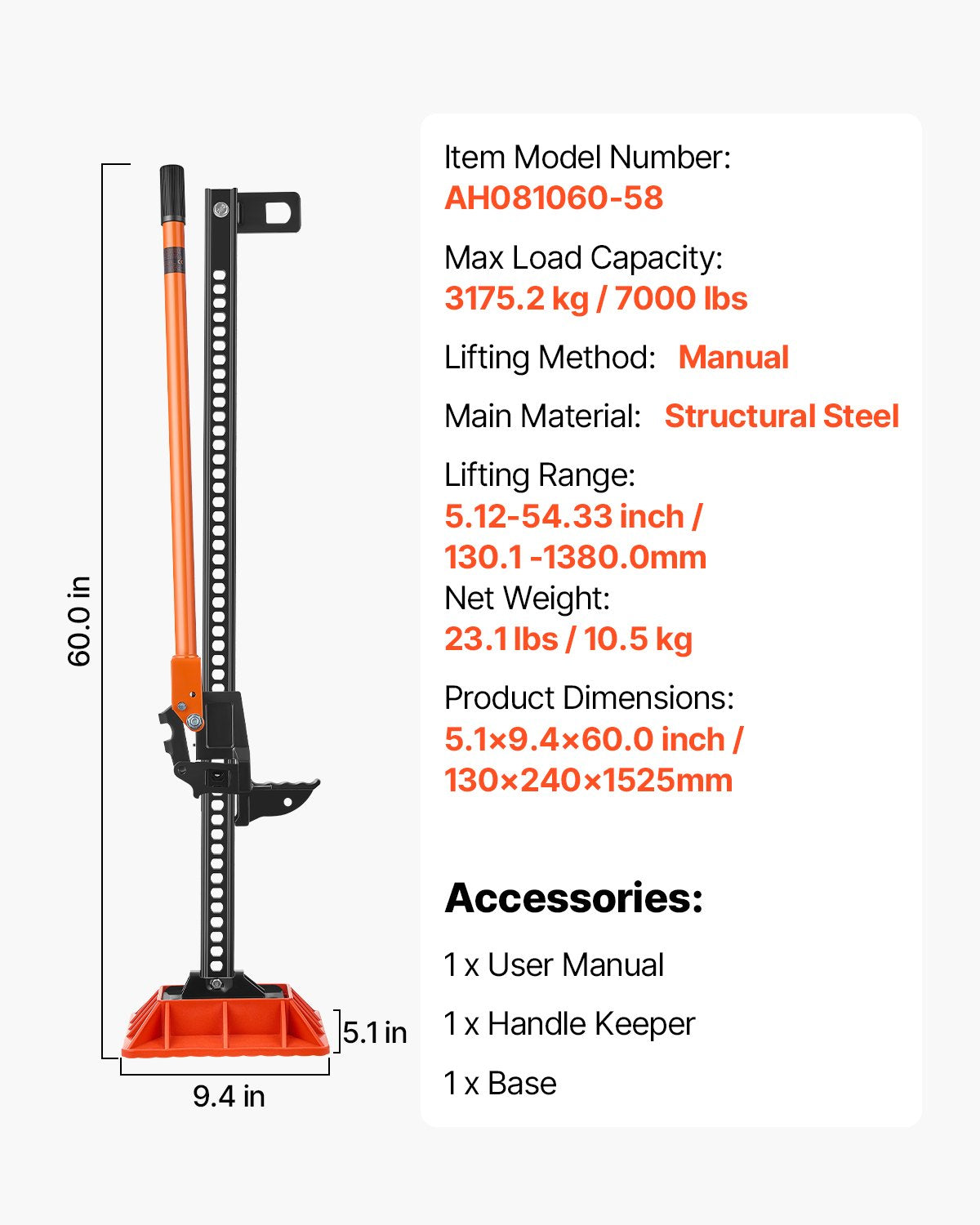 Farm Jack with Base, 152.5 cm Utility High Lift Farm Jack, 3.18 Ton Capacity Ratcheting Off Road Utility Jacks, Heavy-Duty Lift Jacks with 130.1-1380 mm Lifting Range for Tractor, Truck, SUV