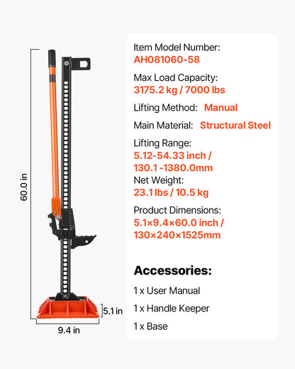 Farm Jack with Base, 152.5 cm Utility High Lift Farm Jack, 3.18 Ton Capacity Ratcheting Off Road Utility Jacks, Heavy-Duty Lift Jacks with 130.1-1380 mm Lifting Range for Tractor, Truck, SUV