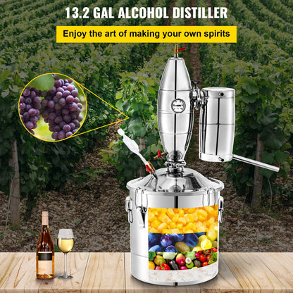 Wine Boiler Stainless Steel Water Alcohol Distiller 13.2 Gallon Alcohol Still 50L Whiskey Distillery Kit Home Moonshine Still with Thermometer and fermentation tank for Alcohol Distilling