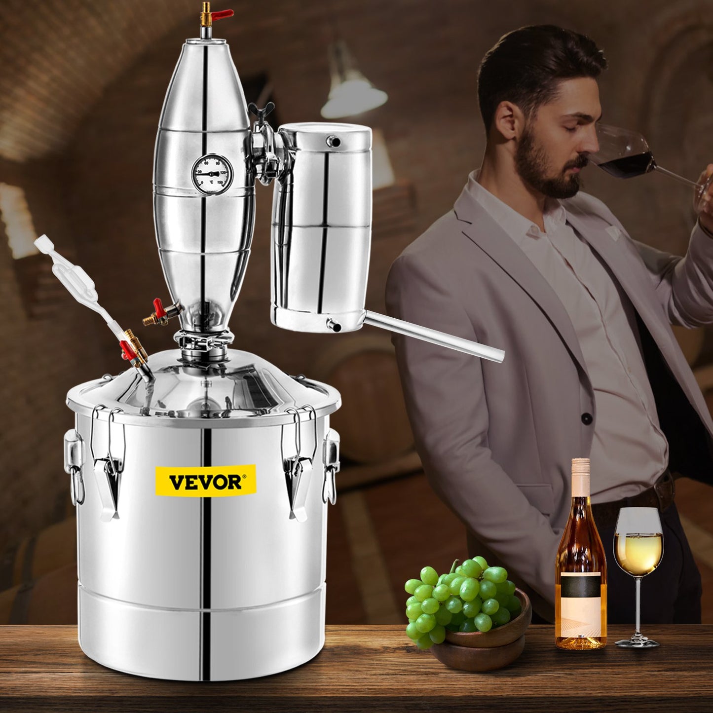 Wine Boiler Stainless Steel Water Alcohol Distiller 13.2 Gallon Alcohol Still 50L Whiskey Distillery Kit Home Moonshine Still with Thermometer and fermentation tank for Alcohol Distilling
