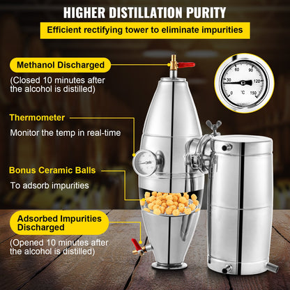 Alcohol Distiller, 30 Liter Alcohol Beverage Distiller, 6.6 Gal Beer Boilers Wine Grappa Spirits, Homemade Brewing Kit, Stainless Steel Moonshine Distiller