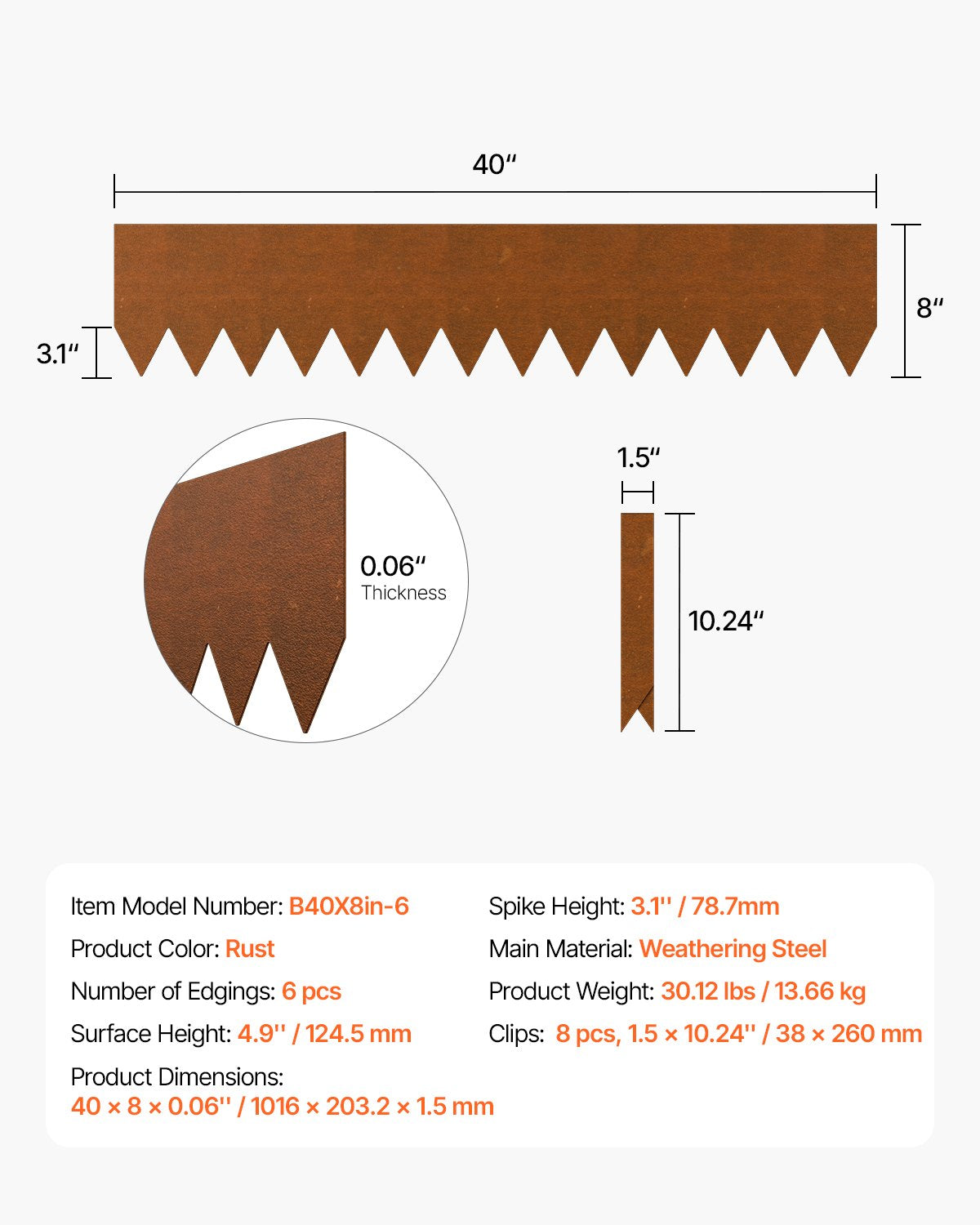 Stahl-Garteneinfassung, 6er-Pack, 40 x 8 Zoll, wetterbeständig und rostfrei, biegsame Garteneinfassung, Raseneinfassung für Blumenbeete, Gartenwege